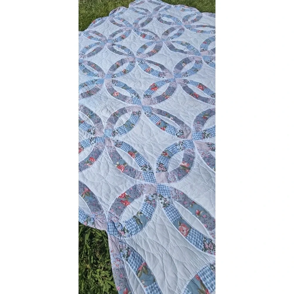 Handmade vintage double wedding ring quilt blue floral gingham Heirloom Cottage